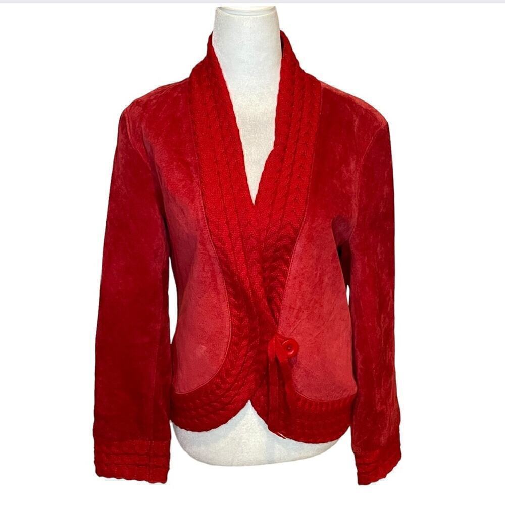 Coldwater Creek Red Suede Leather Jacket With Cable Knit Trim & Button Closure S